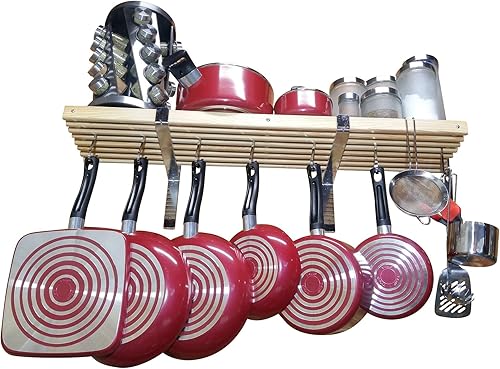 Miniatura 5 de Estante para ollas de madera de 36 pulgadas con 10 ganchos. Estante de pared. Estante para sartenes. Estante para ollas. Colgador de olla de madera.