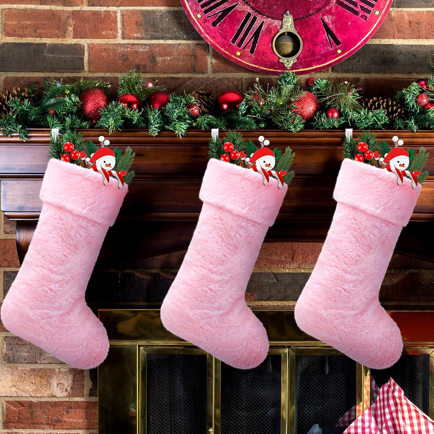 JOVITEC 6 Pieces 20 Inch Christmas Stockings Faux Fur Snowy Christmas Stockings Xmas Fireplace Hanging Stocking Candy Gift Bags for Holiday Decorations (Cute,Pink) - Image 7