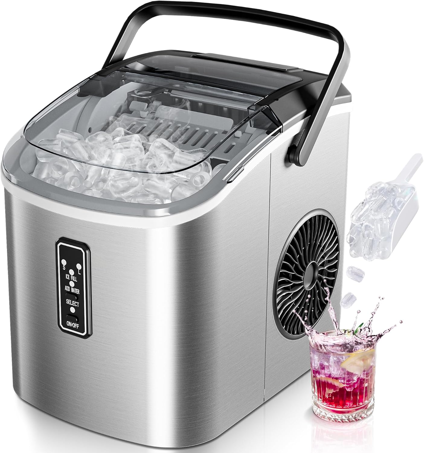 EUHOMY Ice Maker Countertop with Carry Handle, 9 Cubes Ready in 6 Mins, 26.5lbs/24H, Self-Cleaning, 2 Sizes of Bullet Ice with Basket and Scoop, Portable Ice Maker Machine for Home, Kitchen, Office Silver 26LBS/Day