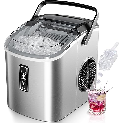 EUHOMY Ice Maker Countertop with Carry Handle, 9 Cubes Ready in 6 Mins, 26.5lbs/24H, Self-Cleaning, 2 Sizes of Bullet Ice with Basket and Scoop, Portable Ice Maker Machine for Home, Kitchen, Office