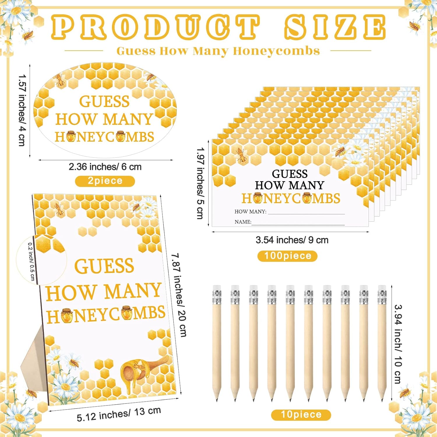 Glenmal 114 Pcs Bee Baby Shower Games Guess How Many Honeycombs Wooden Guessing Game Sign 100 Guessing Cards 10 Pencils 2 Stickers 1 Bottle for Guests Baby Shower Gender Reveal Party, No Honeycombs