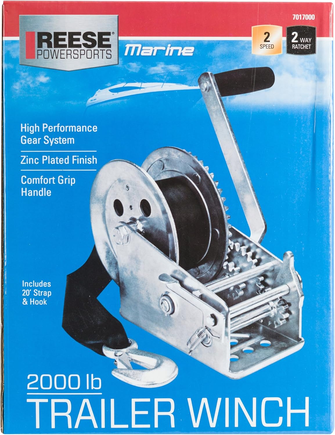 Reese Towpower 7017000 Trailer Winch, Two-Speed, 2,000 lbs. Capacity, 20 Foot Strap, Silver