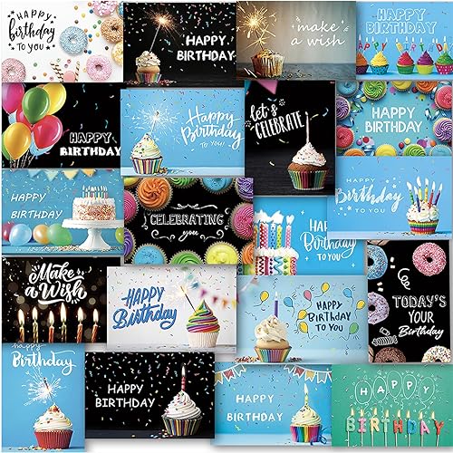 120 tarjetas de feliz cumpleaños con sobres, tarjetas de cumpleaños a granel con mensaje genérico corto en el interior, 20 diseños únicos, 4 x 6