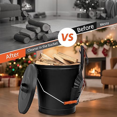 Miniatura 2 de Nouva Cubo de cenizas de 5.15 galones con tapa y pala, cubo de carbón de metal galvanizado para chimenea, hoguera, estufa de leña, parrilla, hogar,