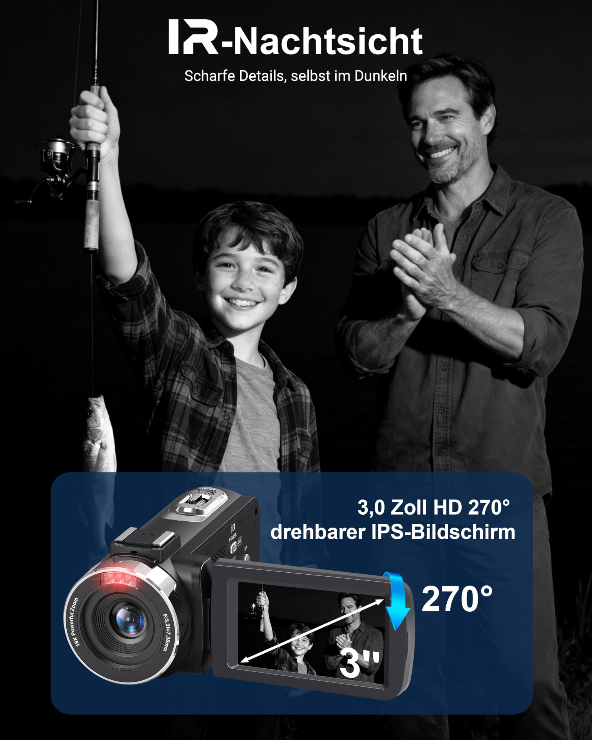 4K 80MP Camcorder mit IR Nachtsicht, 18X Digitalzoom, 3,0-Zoll IPS Screen, Vlogging Camera für YouTube mit 2 Akkus, 32GB-SD-Karte