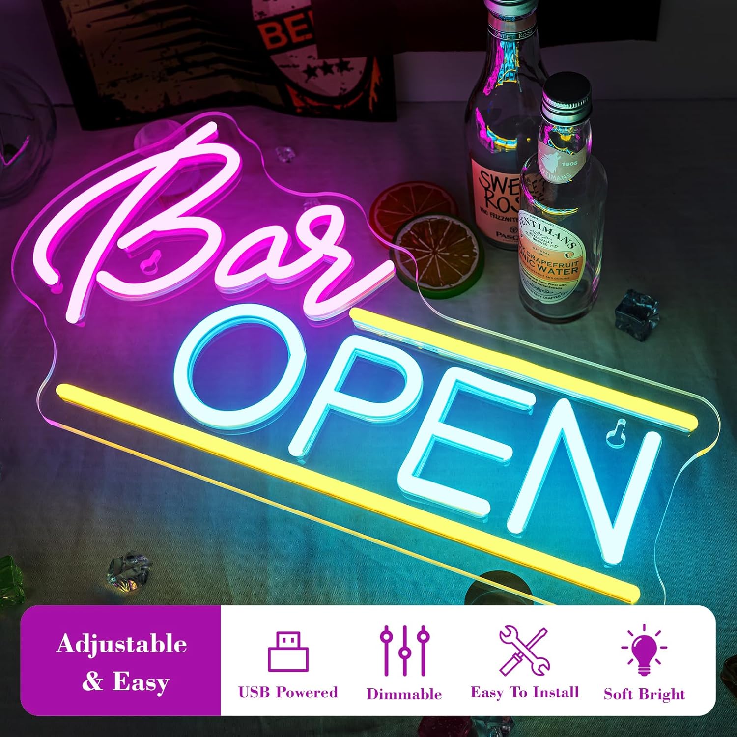 WX&YH Bar Open Neon Sign - Led Sign 10 Dimmable Open Neon Signs for Wall Decor, Open Bar Neon Lights Signs for Business Window Pub Cafe Man Cave Club Restaurant Open Sign Decor Gifts - Image 3