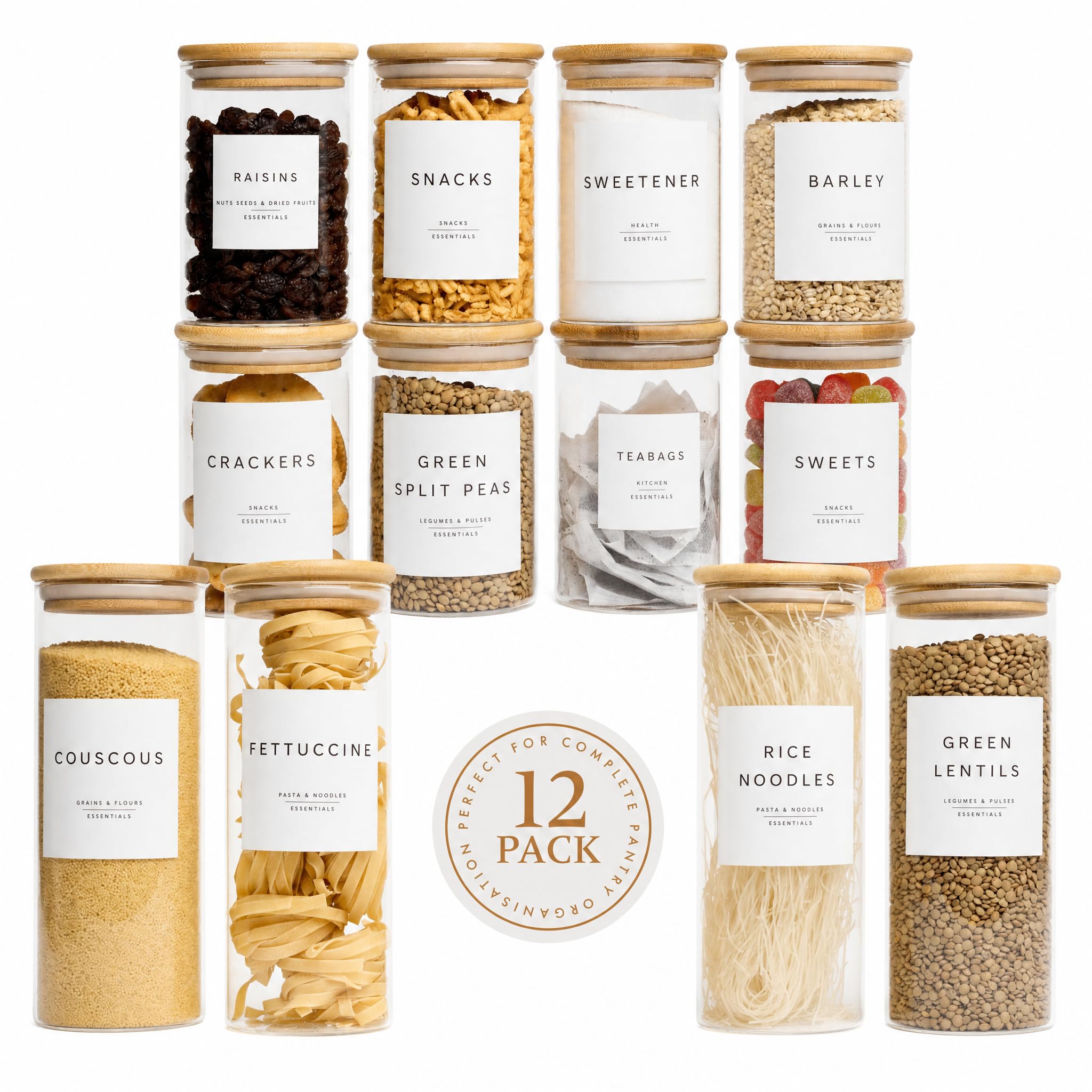 Livabl Recipientes de almacenamiento de vidrio con tapas, juego de 12 (8 x 600 ml y 4 de 1000 ml), tarros de vidrio con tapas de bambú y 420 etiquetas preimpresas para despensa, recipientes de