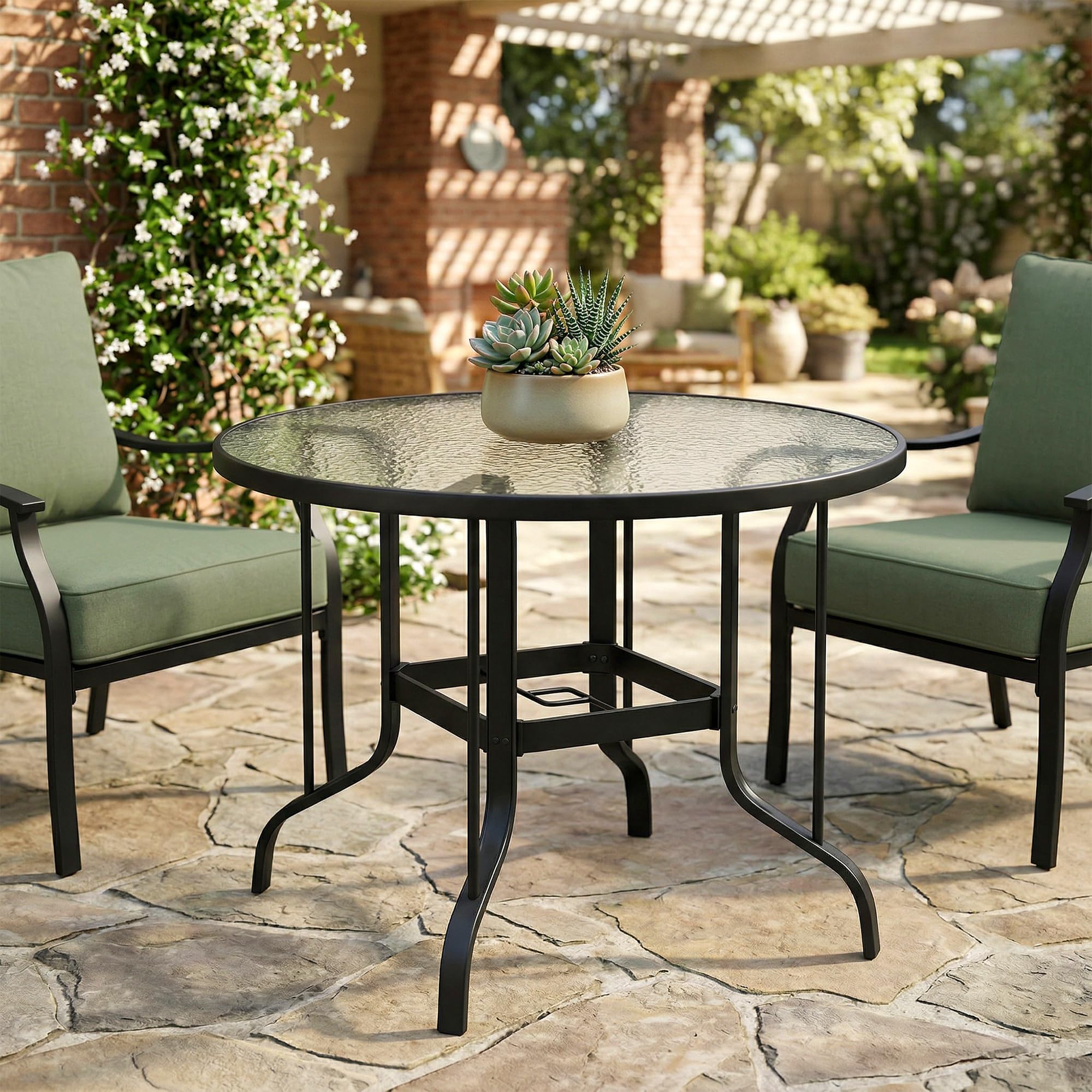 Outsunny Tavolo da Giardino Rotondo per 4 Persone Max Ø96.5x71 cm Nero | Con Foro per Ombrellone, Tavolo da Esterno, Metallo e Vetro Temperato