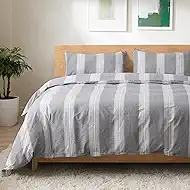TOCOMOA Striped Duvet Cover Set 100% Natural Cotton Soft Comfy Breathable 3 Piece Light Grey and White Pattern Printed Comforter Cover Bedding Set (Queen 90"x90", Comforter Not Included)