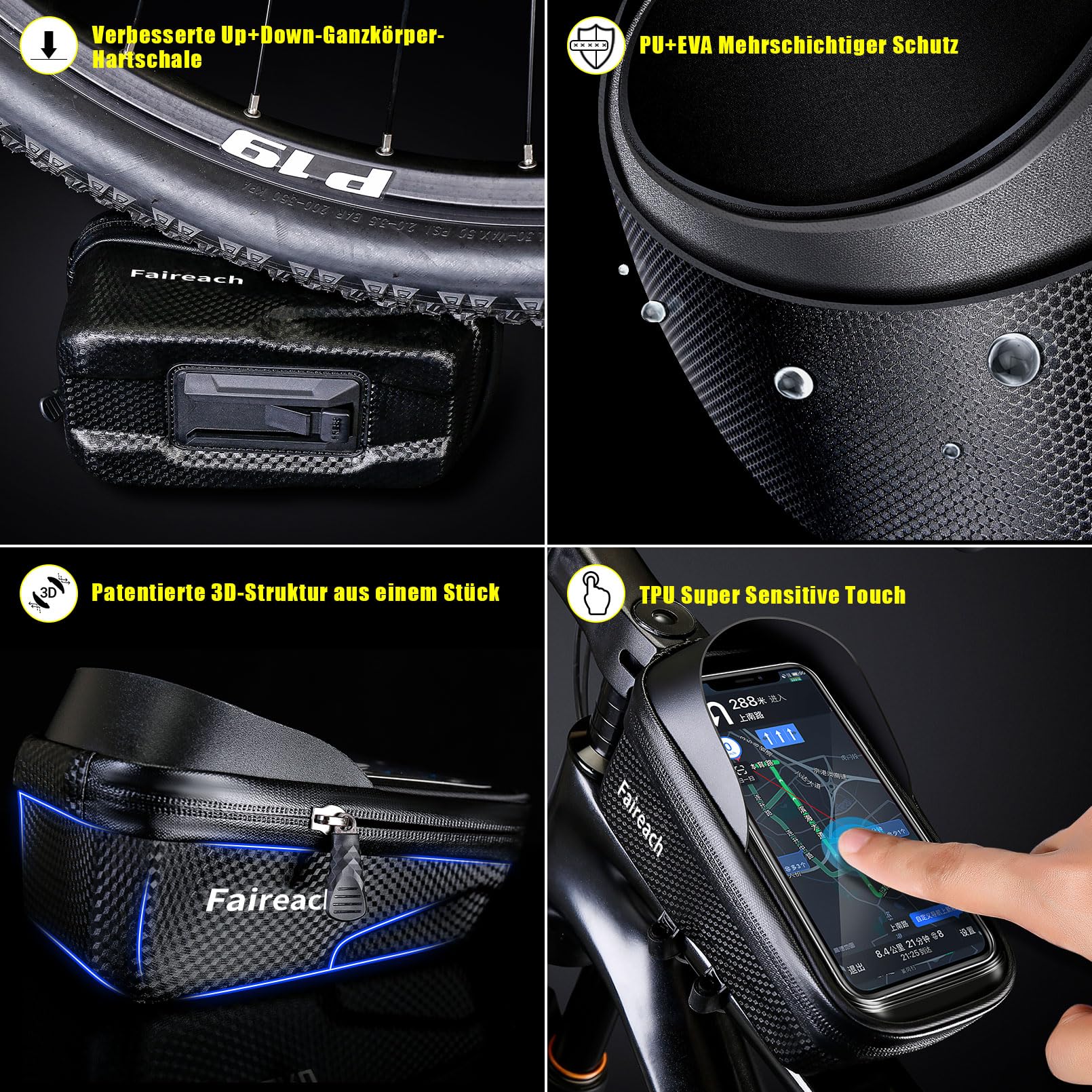 Fahrradtasche Rahmen Schnellverschluss, Fahrrad Rahmentasche Wasserdicht mit Große Kapazität Handytasche Fahrrad mit 0.25mm Touchscreen, Face ID für Smartphones 5,5-7 Zoll