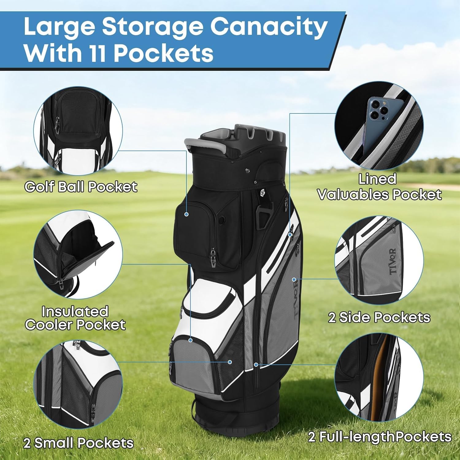 Golf Cart Bag 14-Way Top with Full-Length Dividers, 11 Pockets, Easy-Access Handle,Rain Hood & Mini Carry Bag