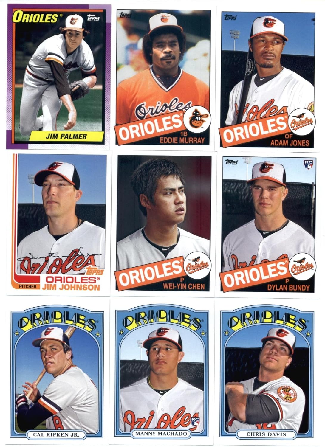2013 Topps Archives Baseball Cards Team Set - Baltimore Orioles (9 Cards) : Cal Ripken Jr. Manny Machado Chris Davis Jim Johnson Wei-Yin Chen Dylan Bundy Adam Jones Eddie Murray Jim Palmer