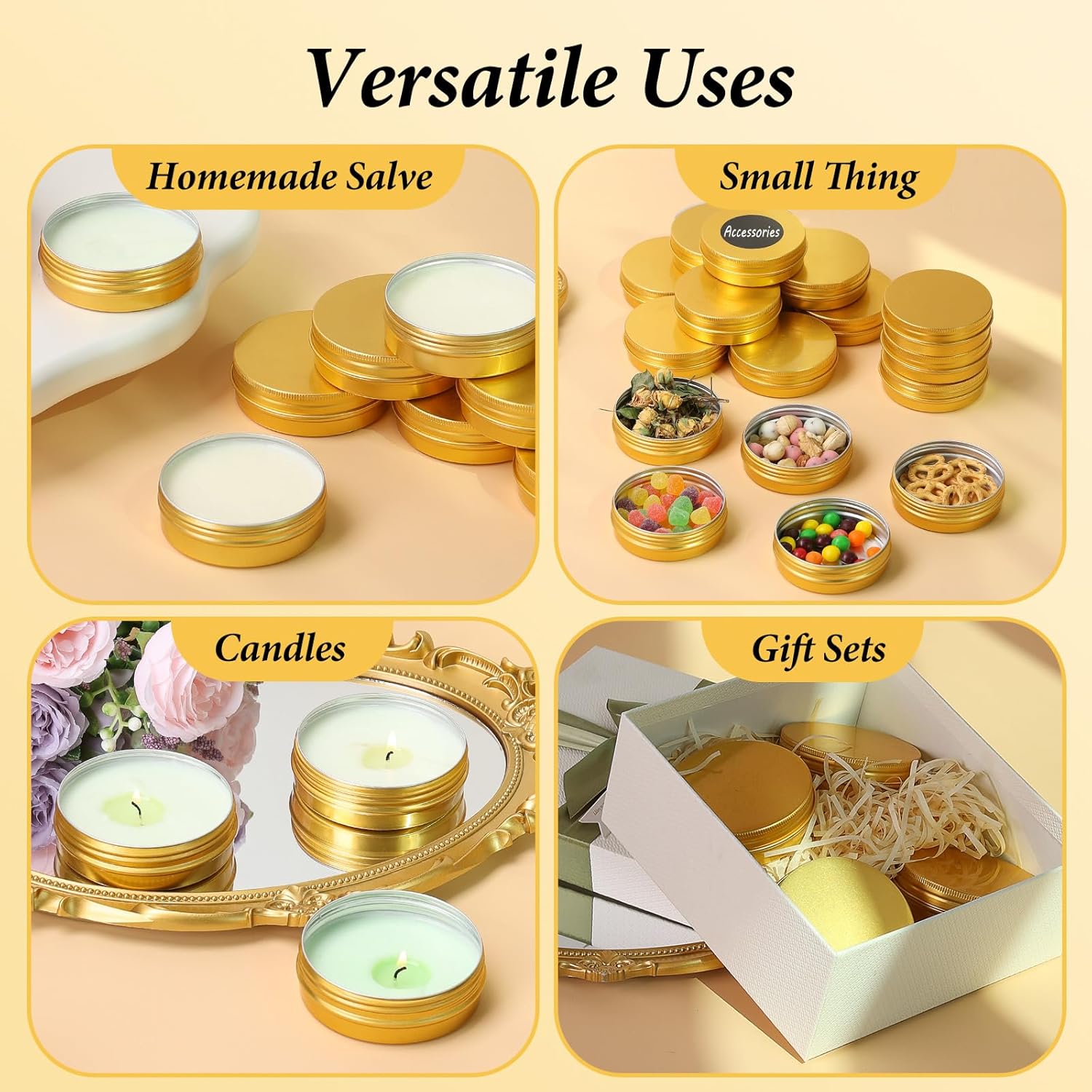 4 oz Tins with Lids 50 Pack, Refillable Salve Tins for Salve, Round Metal Tin for Handmade Lotions, 4oz Gold Aluminum Tin Containers with Lids and Stickers for Balm, Body Butter, Candles, Spices