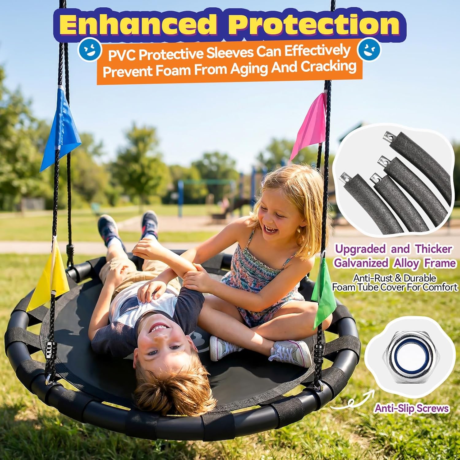HeyZoo 40 Inch Saucer Swing for Kids & Adults, 900lbs Weight Capacity Heavy Duty Tree Swing Sets for Backyard with 2 Hanging Straps, Adjustable Ropes & Center Swivel Spinner, Gifts for Family, Black
