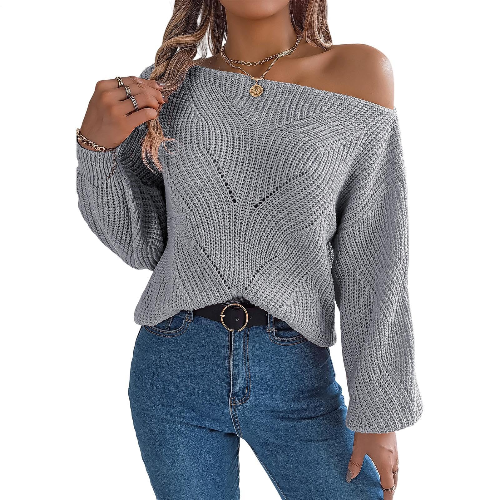 Off Shoulder Sweaters for Women Hollow Out Lantern Sleeve Off Shoulder Knitted Sweater - Loose Fashion Clothes