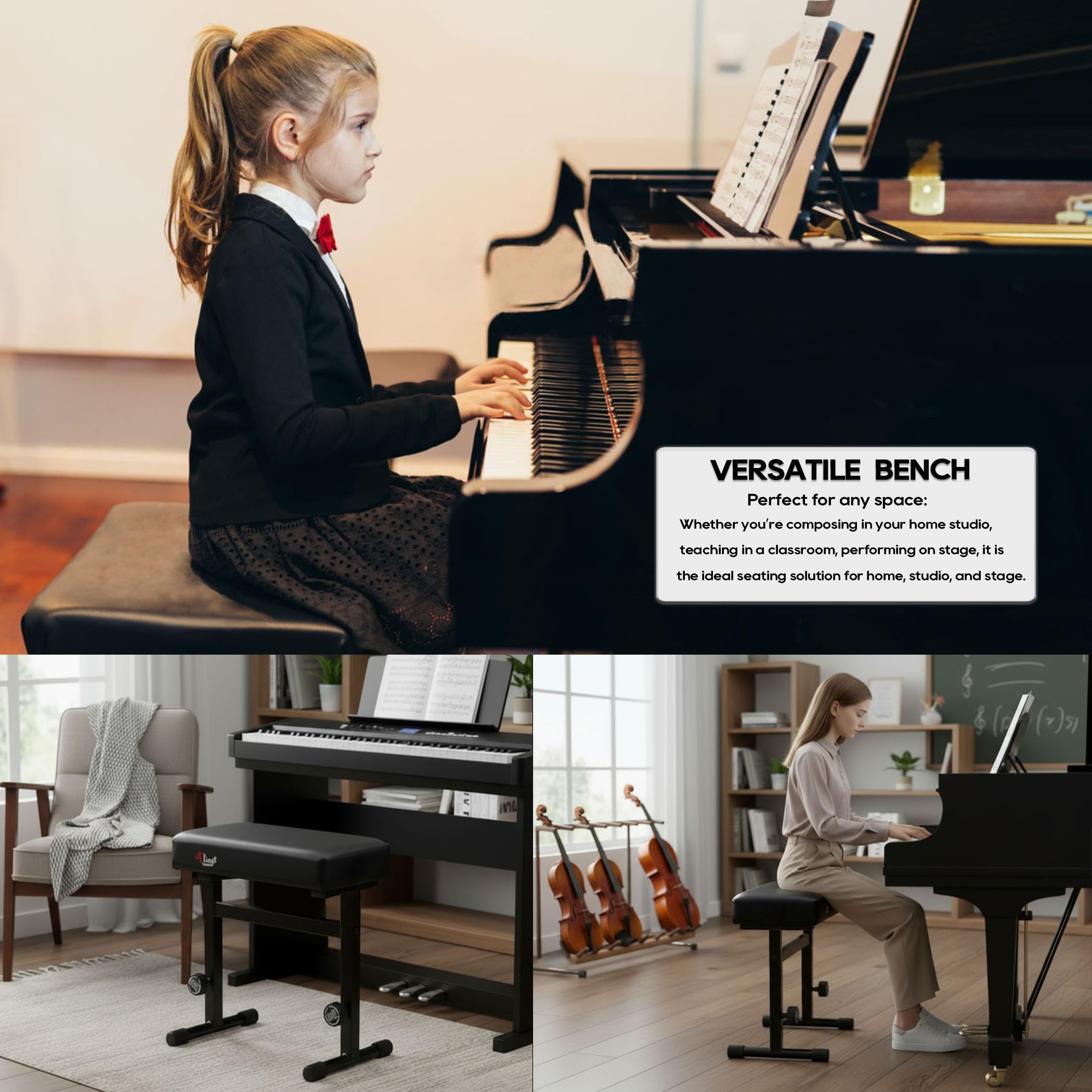 Sgabello per pianoforte e tastiera, con comoda seduta imbottita per un comfort di gioco duraturo/nero
