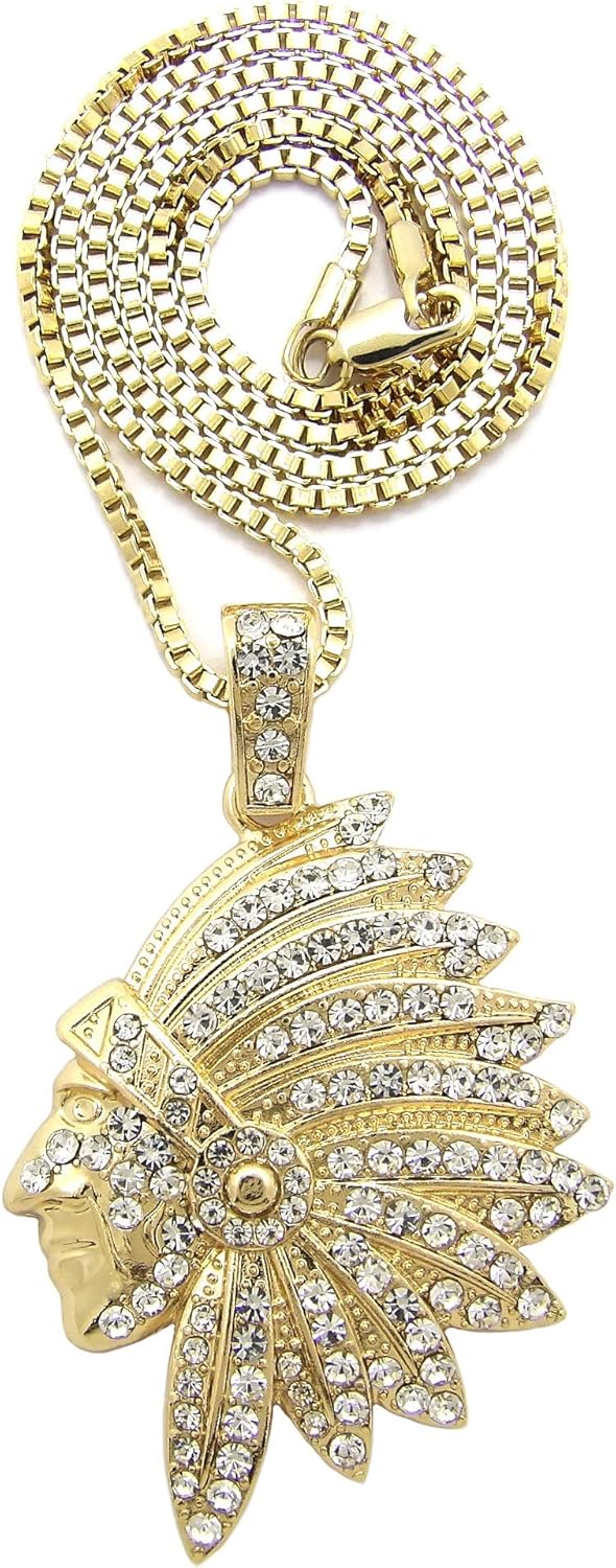 Fashion 21 Stone Stud Indian Chief Head Pendant 20,24 inches Chain Necklace in Gold, Silver Tone