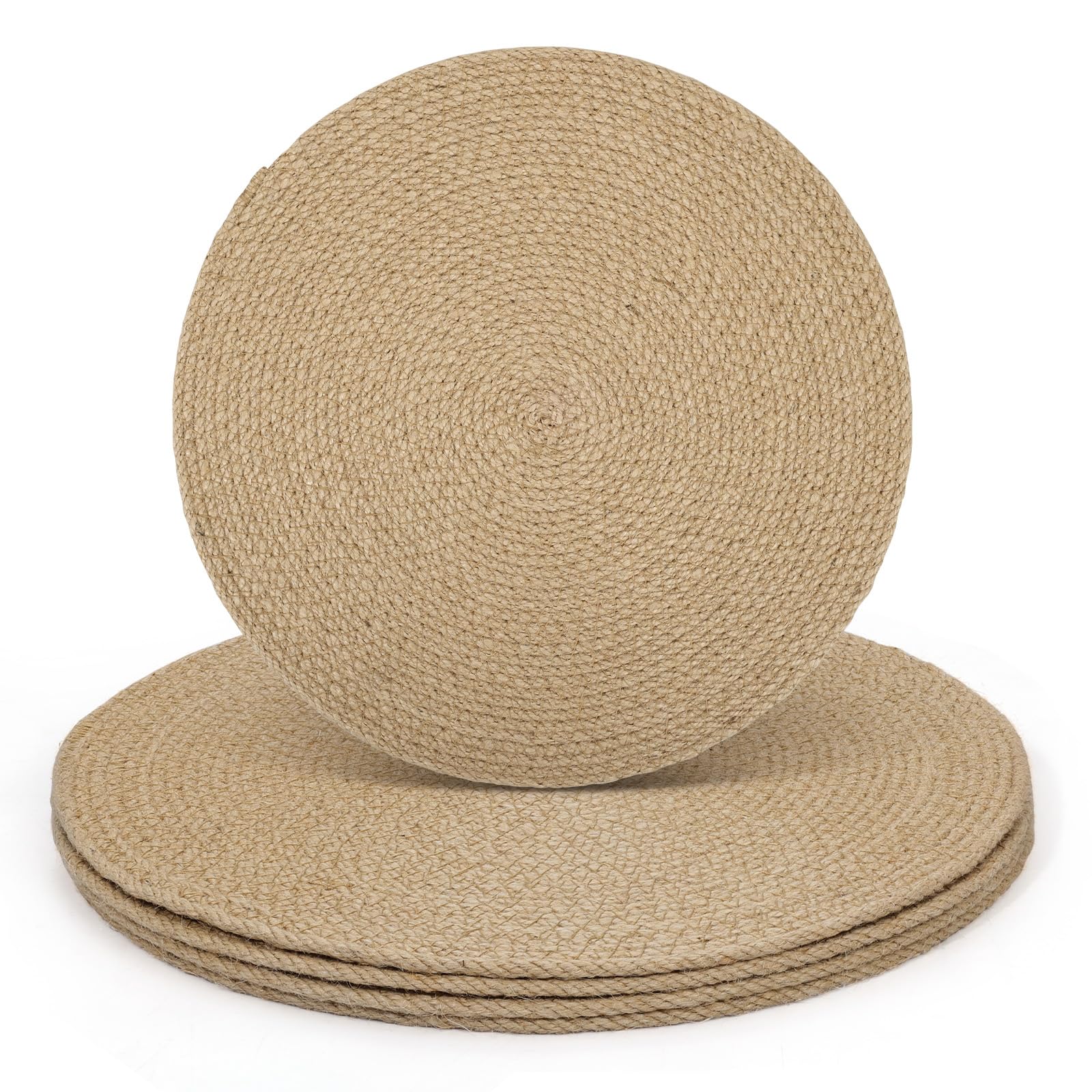 comfoyar Round Woven Placemats Set of 4, 33cm Non-Slip Natural Flax Braided Place Mats, Heat Resistant Rustic Wicker Rattan Table Mats for Kitchen Dining Party Table Home Farmhouse Decoration