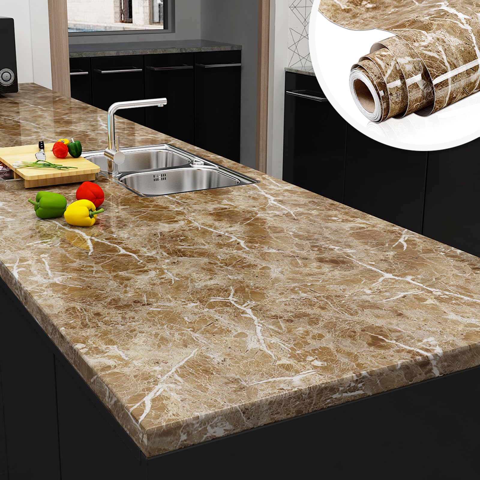Yenhome Brązowy granitowy papier ścienny, blat roboczy, samoprzylepny, 76 x 300 cm, o wyglądzie granitu, tapeta wodoodporna, do szafek kuchennych, samoprzylepna tapeta, marmur o wyglądzie marmuru, do