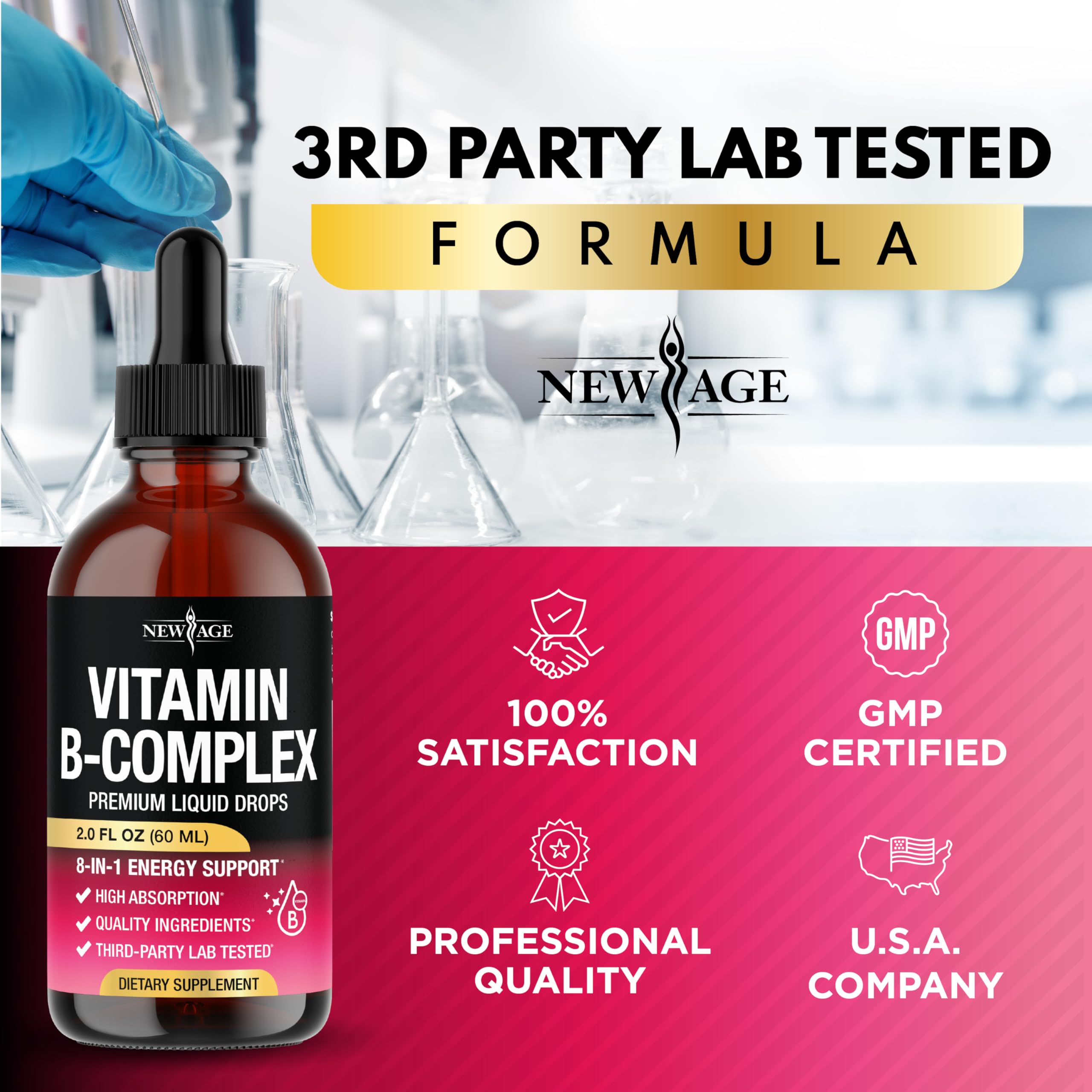 NEW AGE Vitamin B-Complex B5 Pantothenic Acid | B12 Methylcobalamin | B1 Thiamine | B6 Pyridoxine | B7 Biotin | B9 Folic | B3 Niacinamide - B Complex Liquid Drops, Made in USA Supplement - 4fl oz — Amazon image 6
