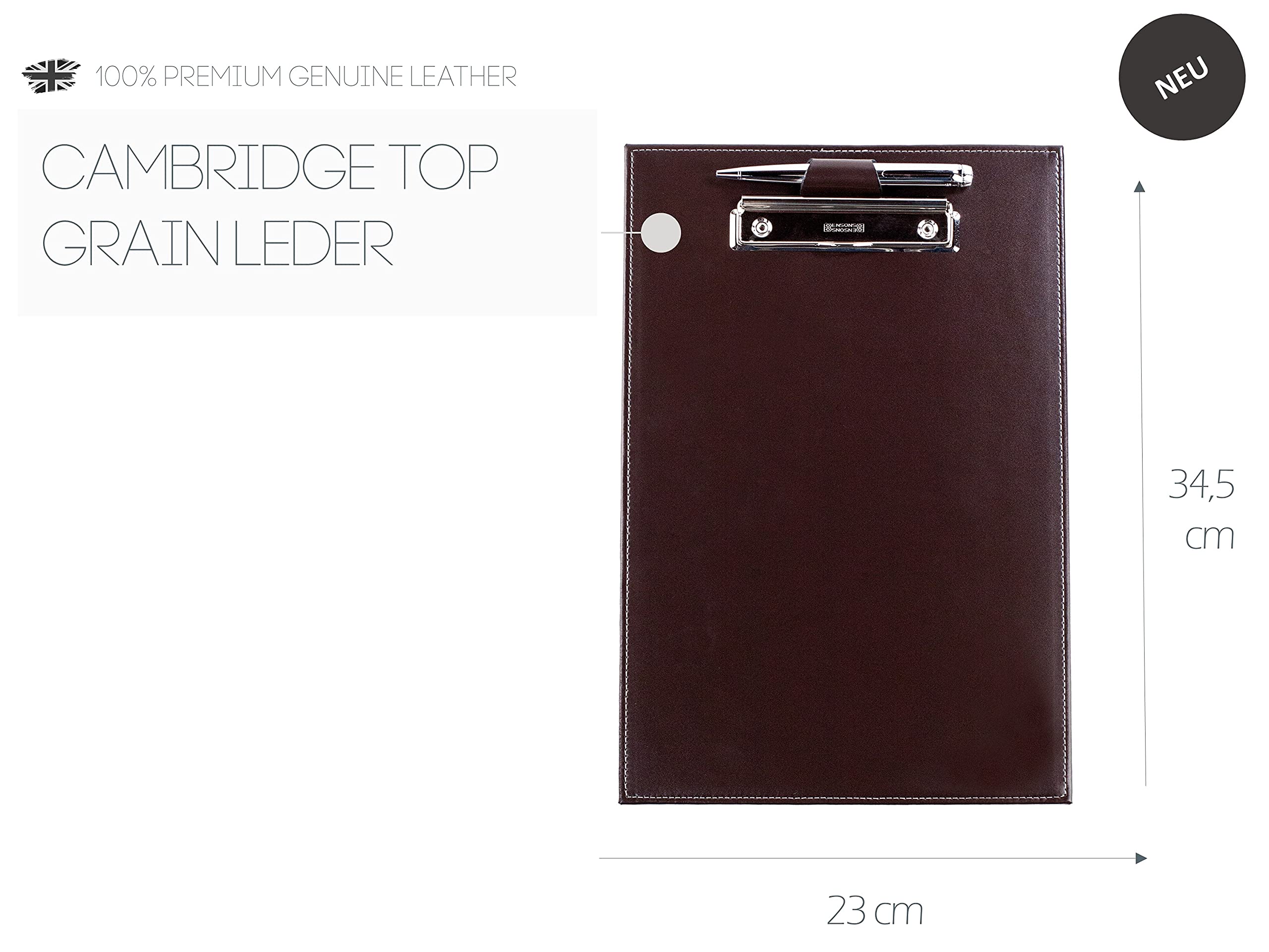 DELMON VARONE - Klemmbrett Mappe DIN A4 Cambridge Top Grain Leder Braun - Echtleder Klemmbrettmappe mit Blockklemme & Stiftehalter - Businessmappe personalisiert mit Logo, Name oder Gravur