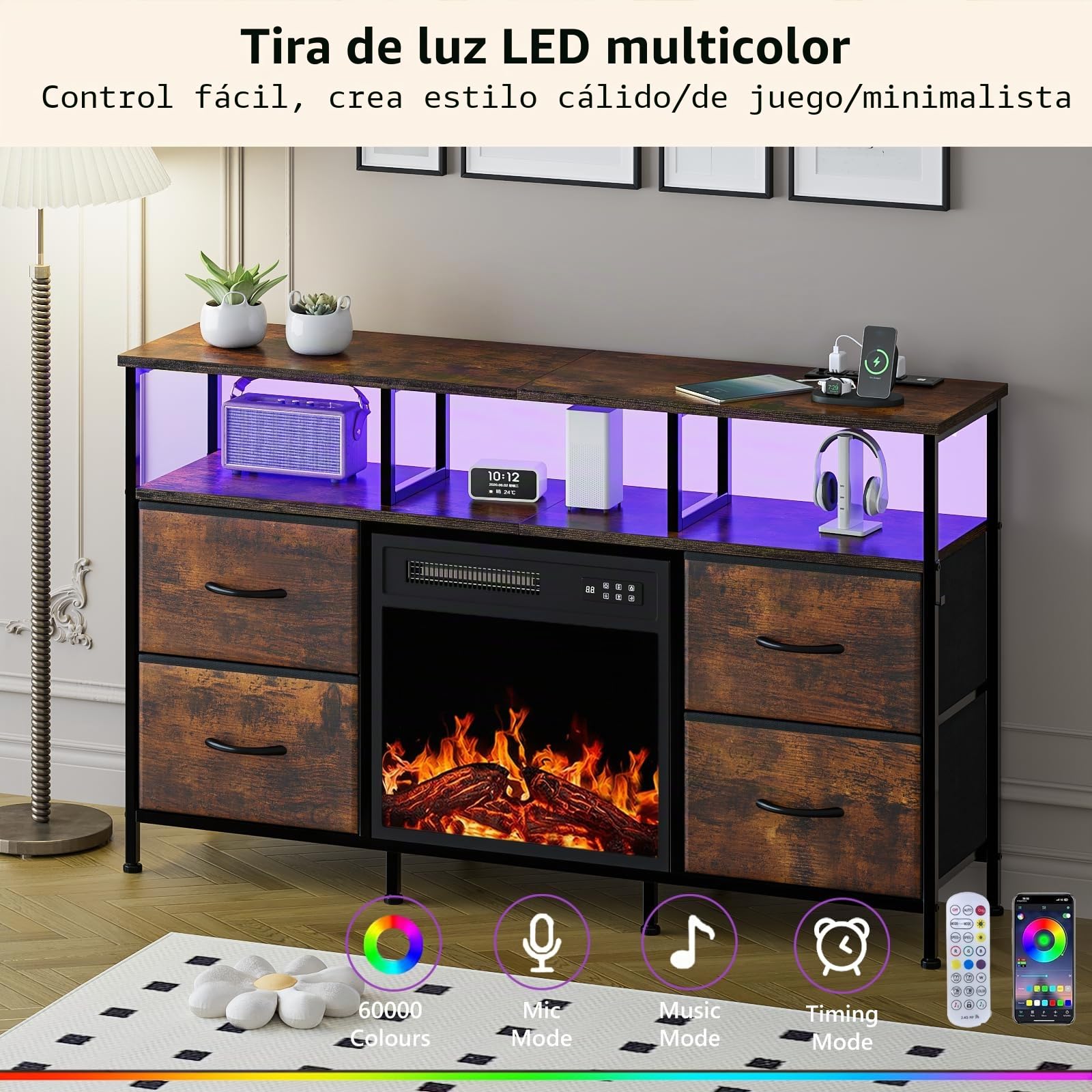 Waleaf Mueble para TV con Chimenea, Mesa Baja para Televisores de hasta 55 Pulgadas, Chimenea Eléctrica con Calefacción, Efecto de Llama 3D, Mueble para Televisor con 4 Cajones y Estantes Abiertos