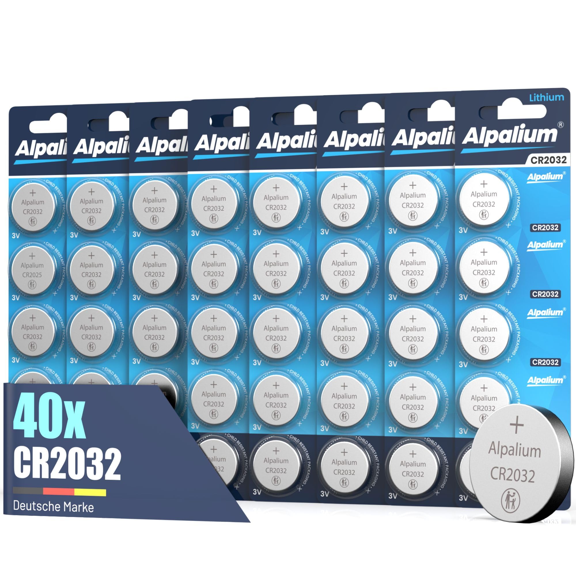 CR2032 Batterie Knopfzelle, 5er Pack, 3V Alpalium, Hohe Leistung für Fernbedienungen, Schlüsselanhänger, CPUs, tragbare und medizinische Geräte, CR 2032 Premium Qualität & Lange Lagerfähigkeit