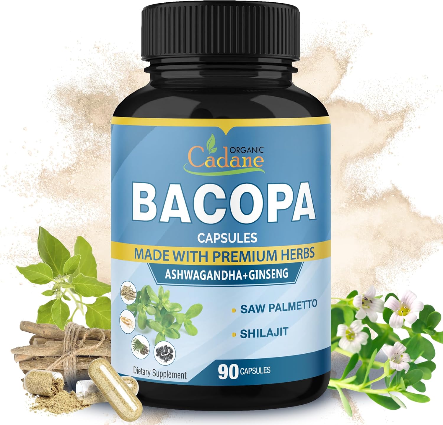 Organic Cadane Bacopa Monnieri Supplement – Blended with Ashwgandha, Ginseng, Saw Palmetto, Shilajit – 90 Capsules for 3 Month Supply