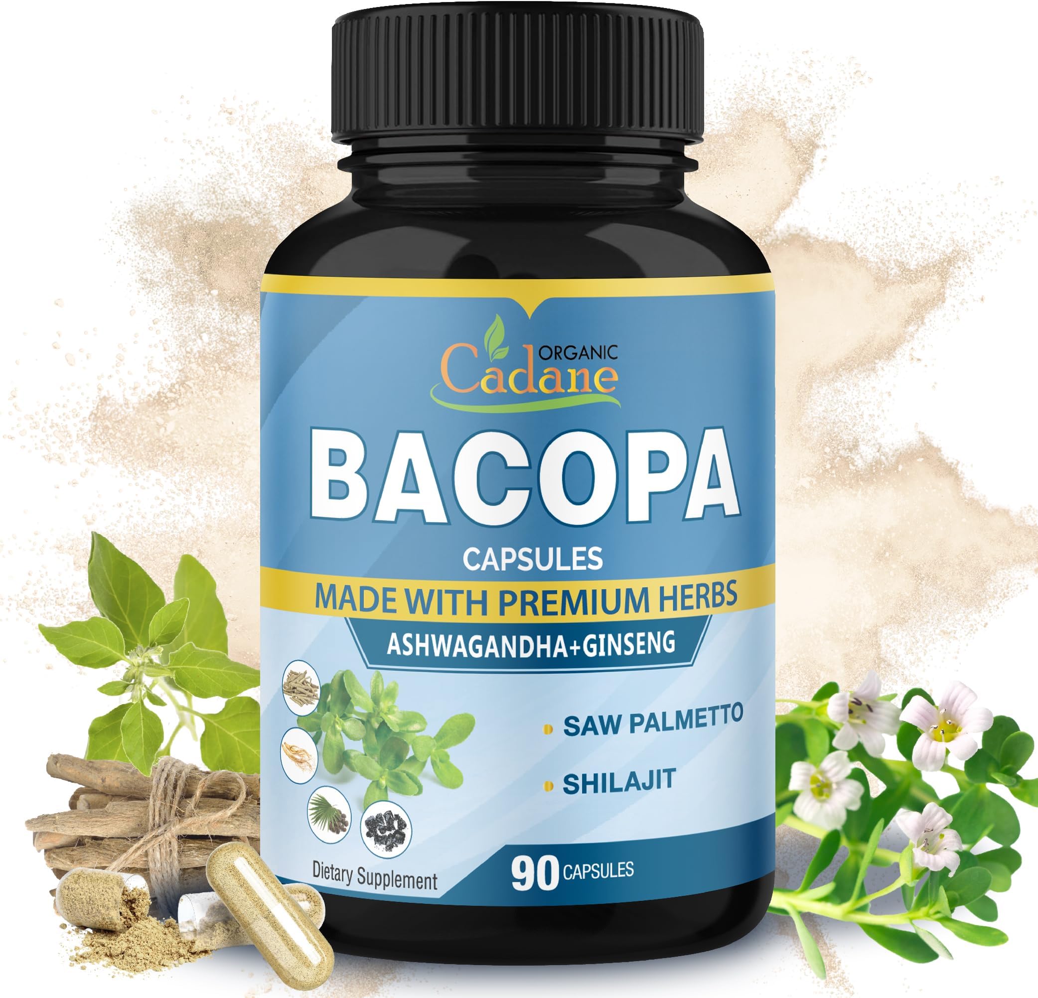 Bacopa Monnieri Supplement - Blended with Ashwgandha, Ginseng, Saw Palmetto, Shilajit - 90 Capsules for 3 Month Supply