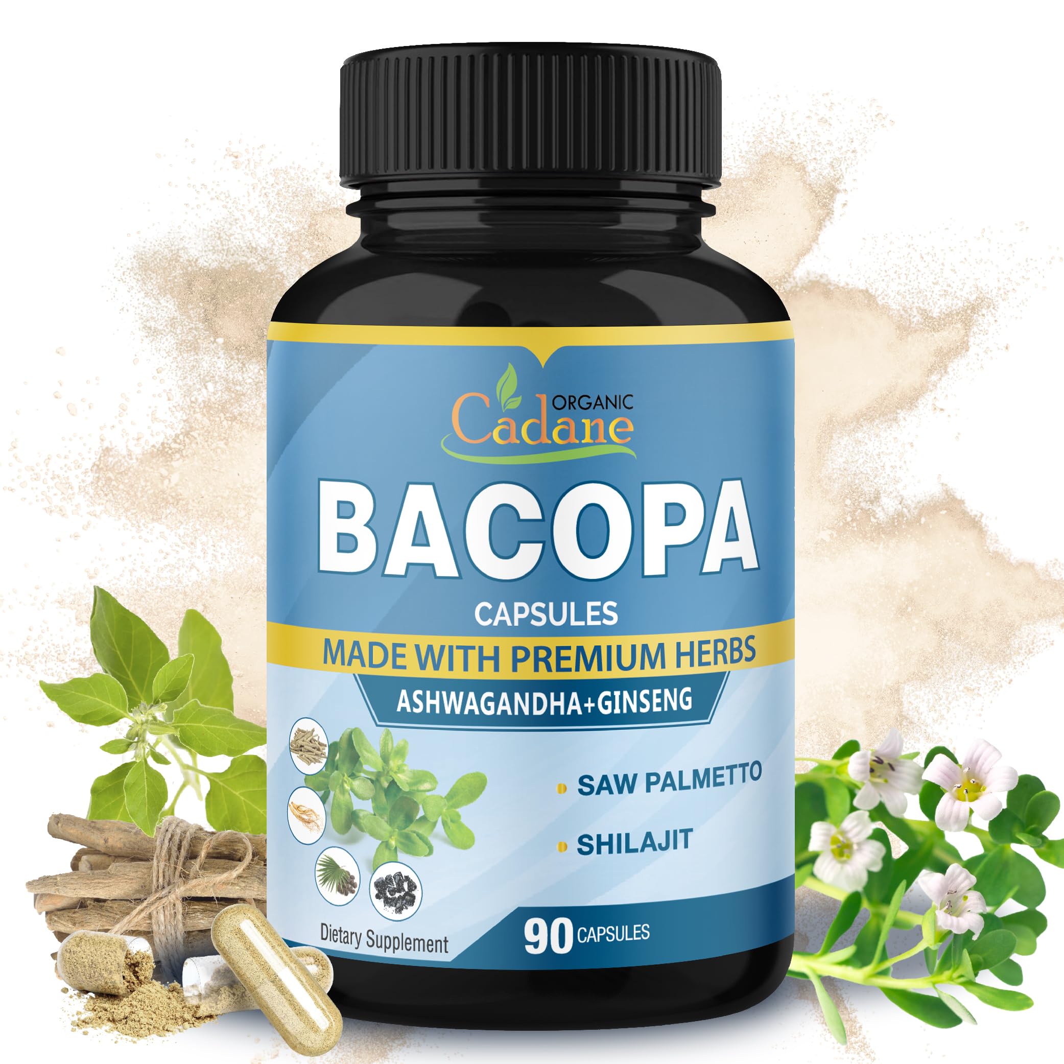 Bacopa Monnieri Supplement - Blended with Ashwgandha, Ginseng, Saw Palmetto, Shilajit - 90 Capsules for 3 Month Supply