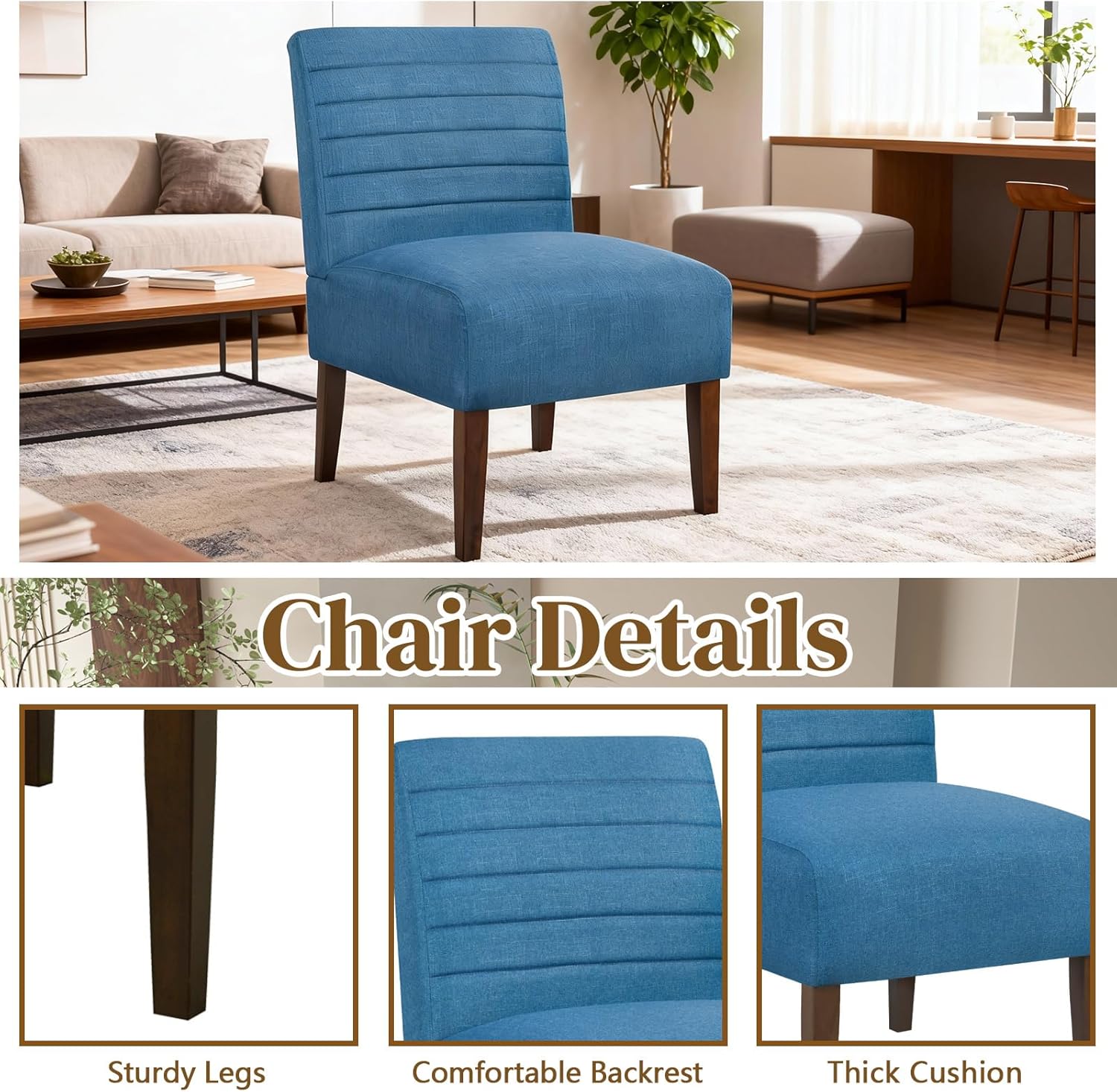 Anwick Blue Modern Accent Chair, Mid Century Upholstered Living Room Chair with Wood Legs, Comfy Small Accent Chair with Back for Small Spaces, Office, Bedroom, Reading Spaces (Blue2)