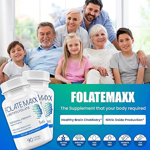 Miniatura 2 de FolateMaxx L-Metilfolato Suplemento (1 mg) - Fuerza profesional con metilfolato bioactivo optimizado - 5 MTHF - Sin OMG, sin gluten, sin soja, GMP -