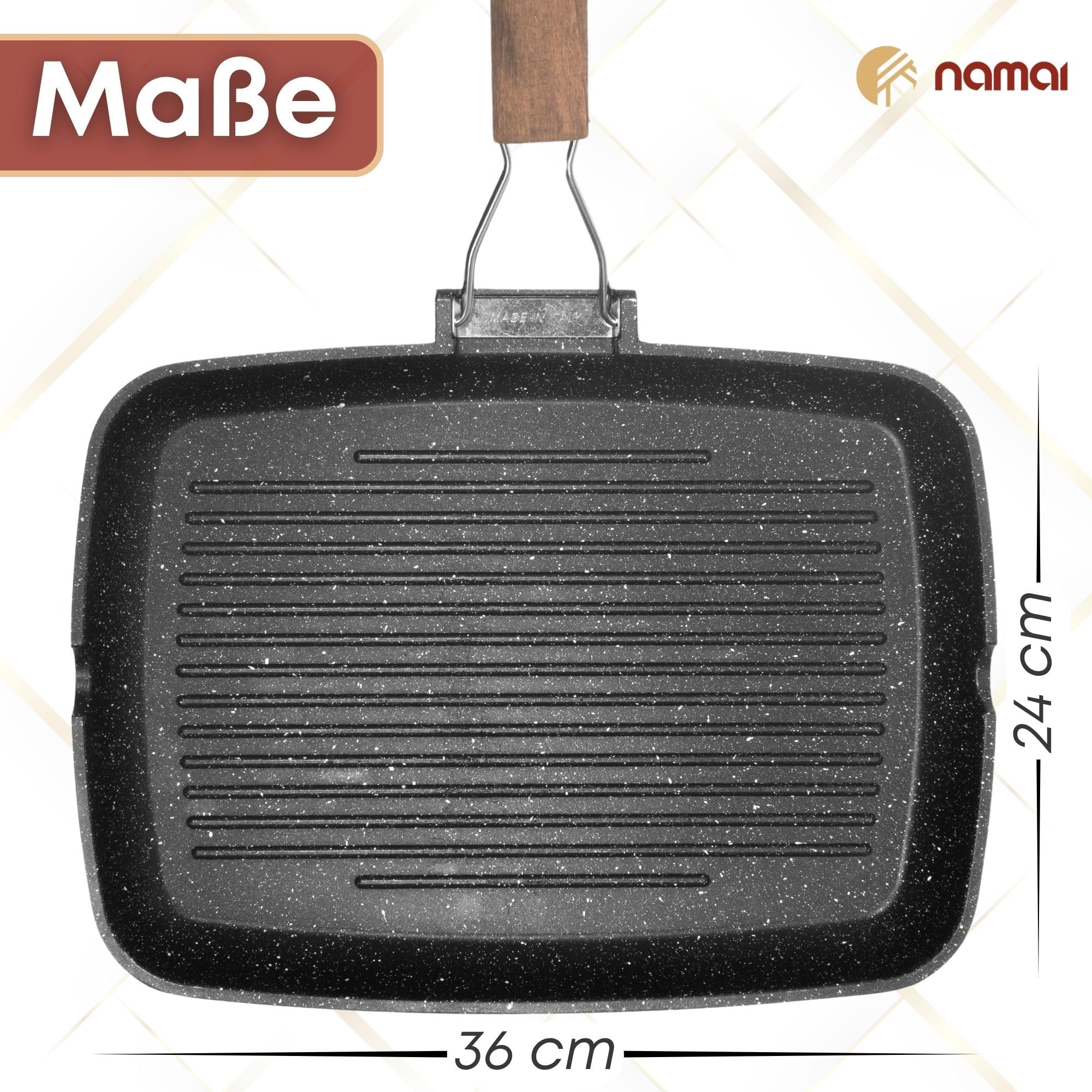 NAMAI - Grill Pan - Non Stick Pan - 36CM x 24CM (no Induktion)- Spülmaschinenfest - Aluminium Druckguss - Grillpfannen für Gasgrill - Pan Grill - Grill Pfannen - Grillpfannen - Made in Italy