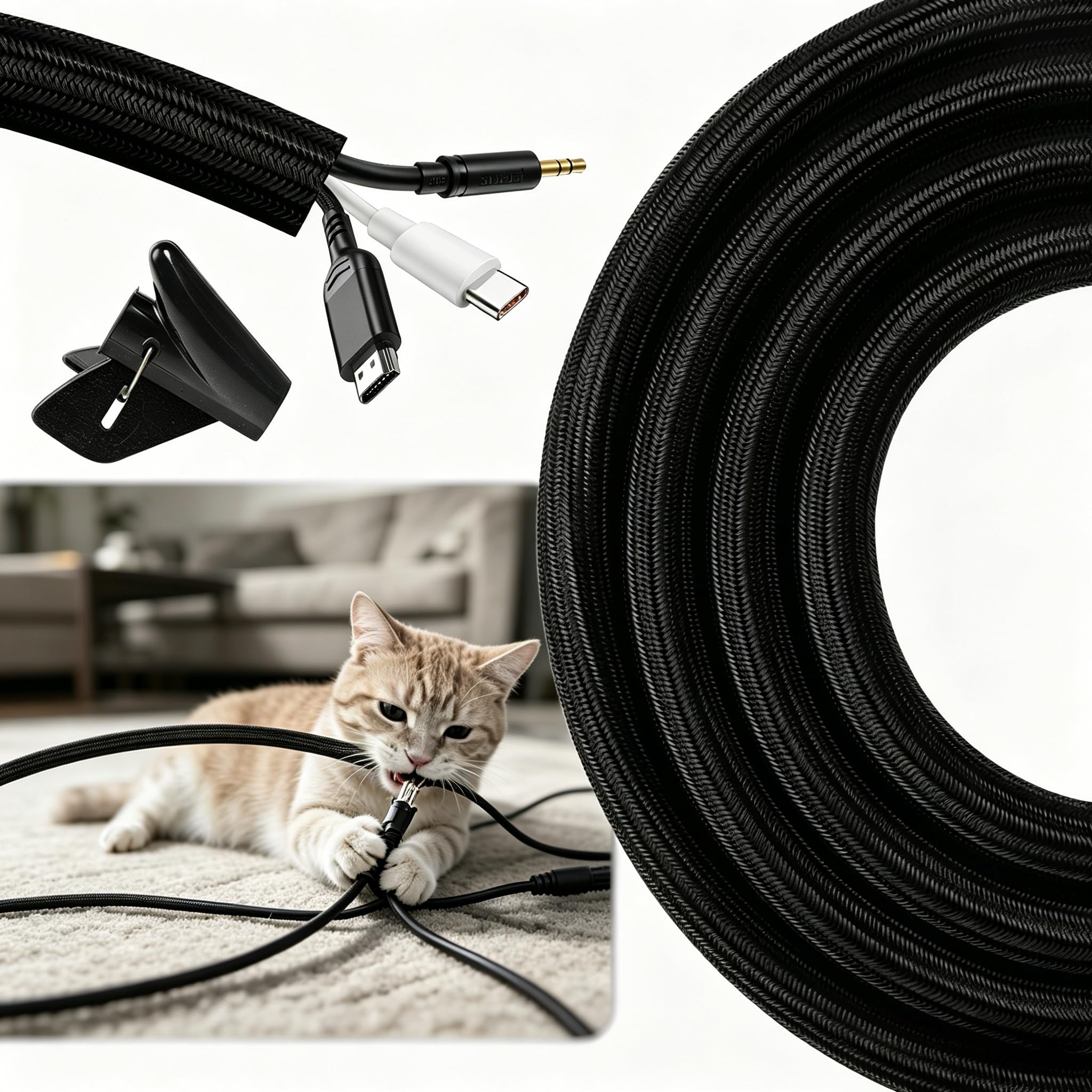 16.4ft-1/2 inch Cable Tidy Sleeve Wire Covers Cord Protector for Pets Wire Protector from Pets Self-Winding Cable Tidy Black Prevent Dogs Cats Chewing for USB Power Audio PC/TV Cords Home Office