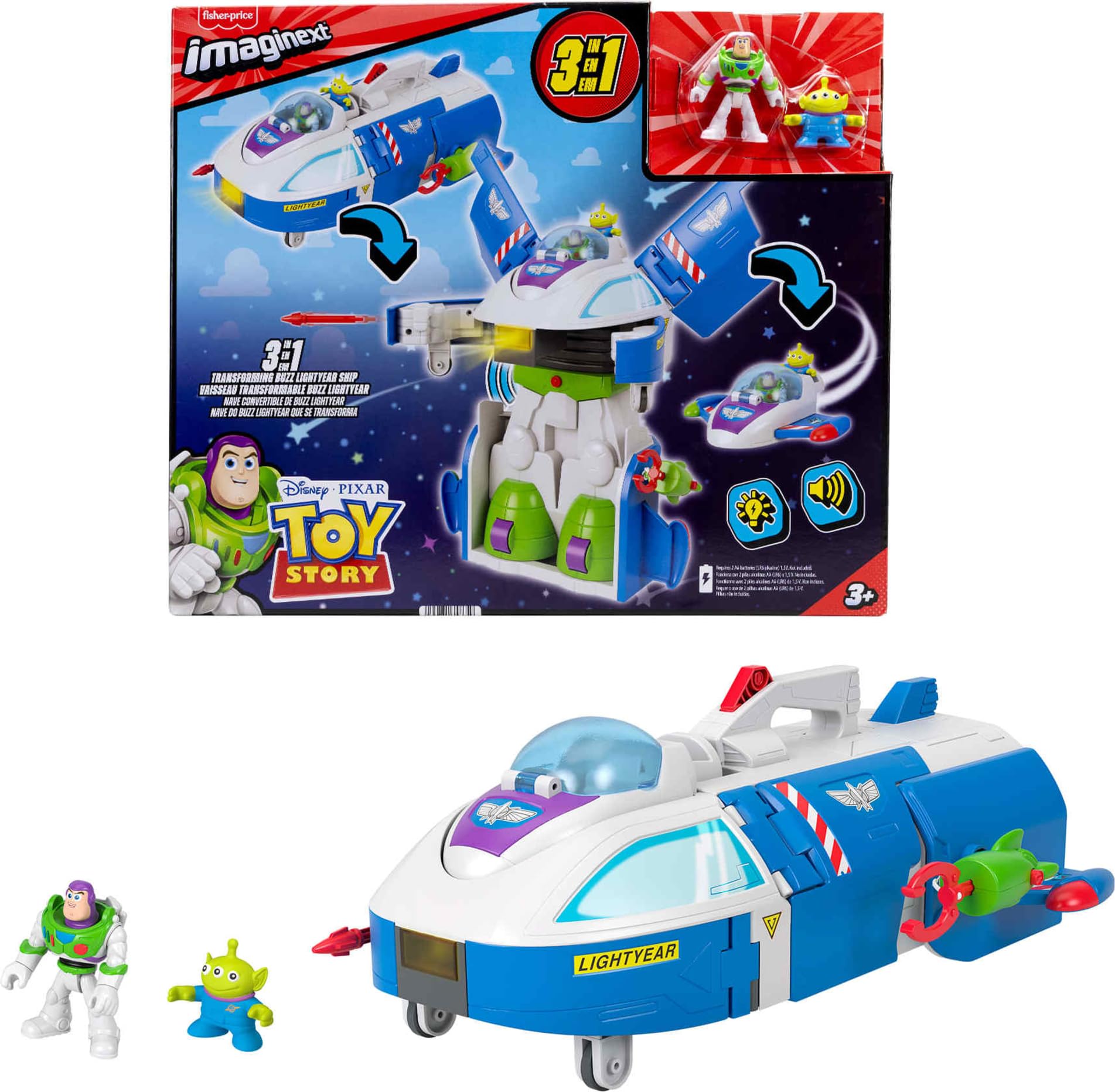 Fisher-Price Imaginext Transforming Buzz Lightyear Ship Toy Vehicle with lights, sounds,3-inch Action Figures, Launcher and Projectiles, JKW48