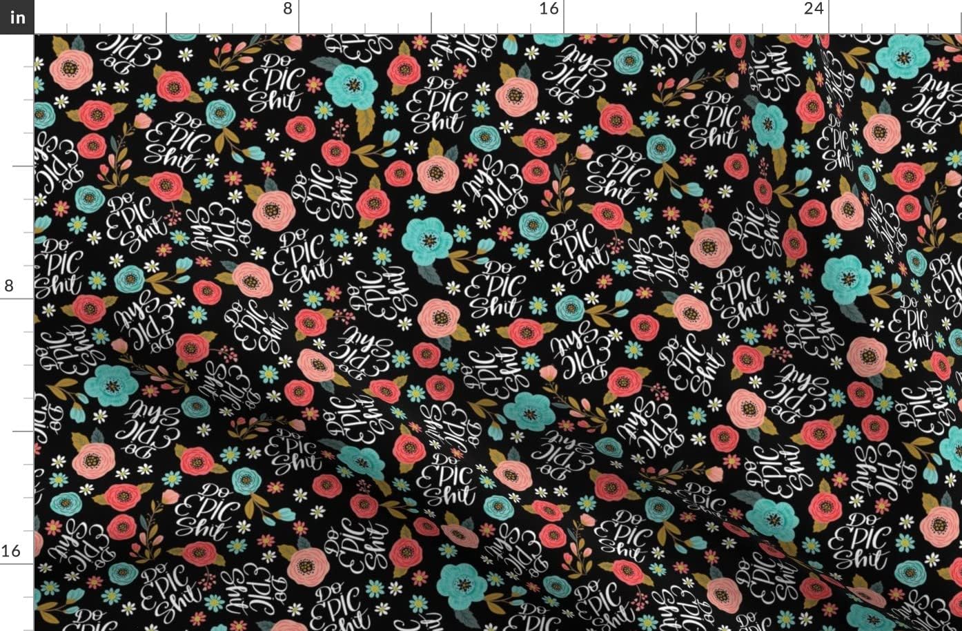 Spoonflower Fabric - Pretty Flowers Floral Turquoise Black Girly Feminine Profanity Curse Printed on Organic Cotton Sateen Fabric by The Yard - Sewing Quilting Apparel Home Decor