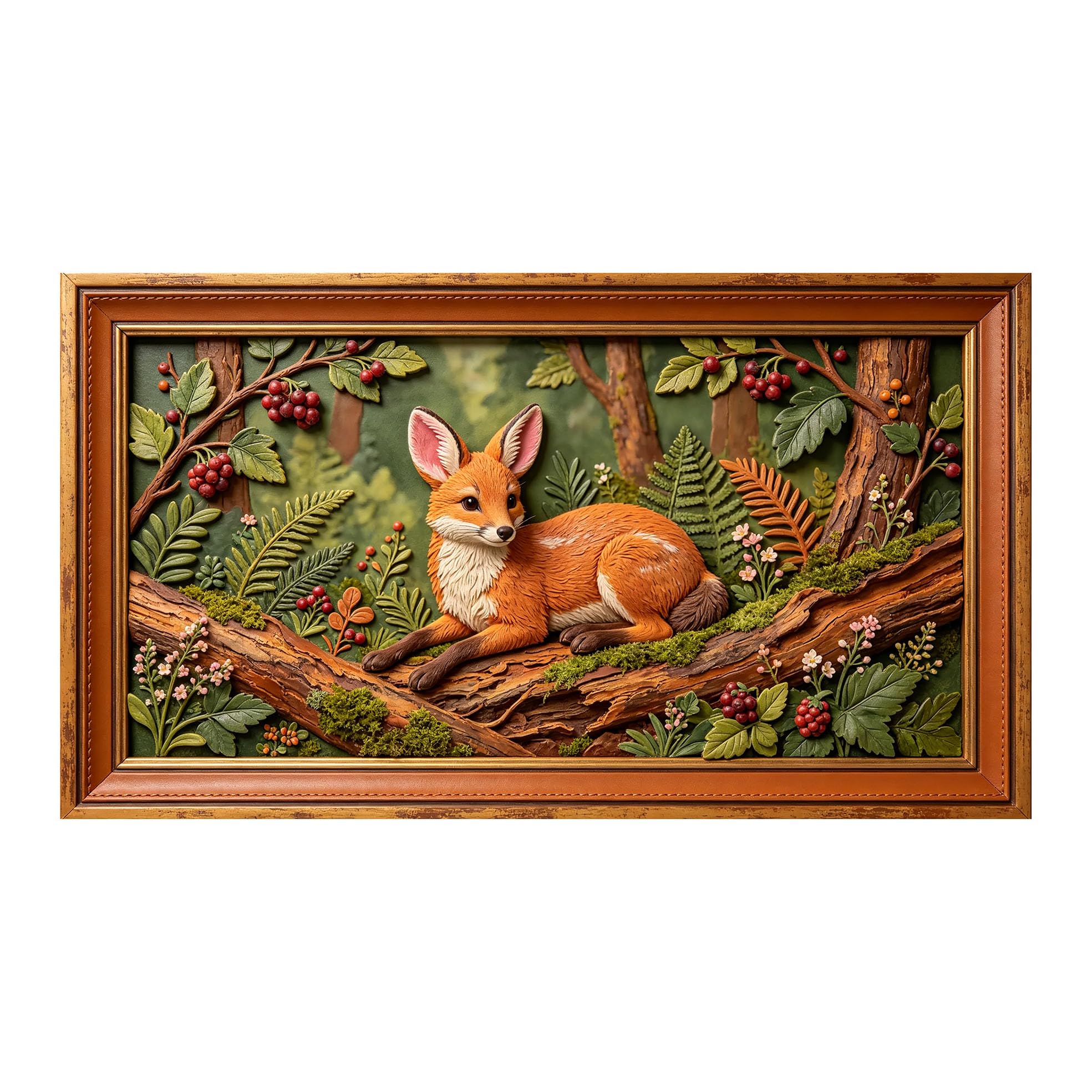 Murasolite 3D Framed Wall Art Woodland Fox Botanical Relief Effect SelfAdhesive Fabric Mural Wall Decor， Peel and Stick No Damage to Wall， AntiFall Safe Design for Bedroom Living Room