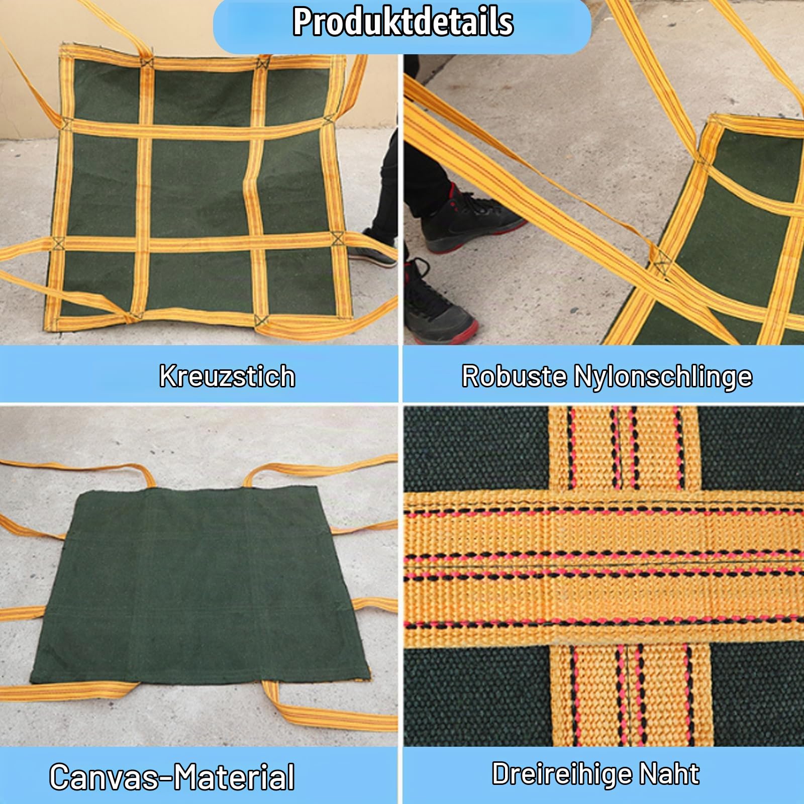 Hängendes Hebenetz 150 x 150cm, Leinwand Frachtnetz mit verstärkten Griffen, Ladung Hängendes Net, Hebeschlingennetz, Hebetuch für Bauarbeiten Transportieren, Heben und Entladen