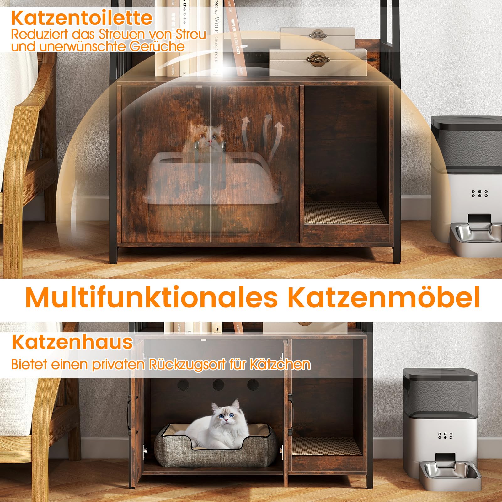 COSTWAY Szafka dla kota z regałem na książki, stacja ładująca, 3 poziomy, mata do drapania, wejście, kuweta dla kotów, psów, zwierząt domowych, meble dla kotów do wnętrz, 80 x 40 x 132 cm (brązowa)
