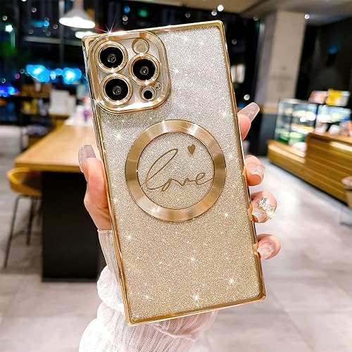 MGQILING Funda magnética cuadrada con purpurina para iPhone 13 Pro Max, funda transparente con diseño de corazón de amor, compatible con MagSafe