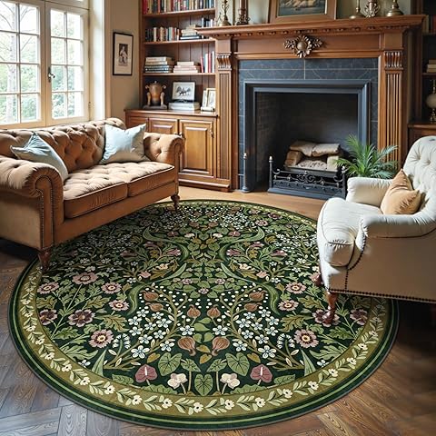 Moynesa Floral Round Rugs 6ft, Boho Green Round Living Room Area Rug, Washable Large Soft Circle Rug for Bedroom, Non Slip Ultra Thin Floor Carpet for Dining Room Guest Room, Green