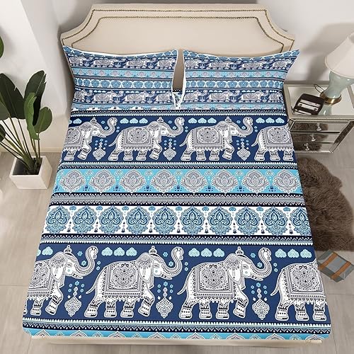 Juego de ropa de cama matrimonial de elefante, exóticas bohemias, juego de ropa de cama bohemio con estampado floral de cachemira para niños, juego