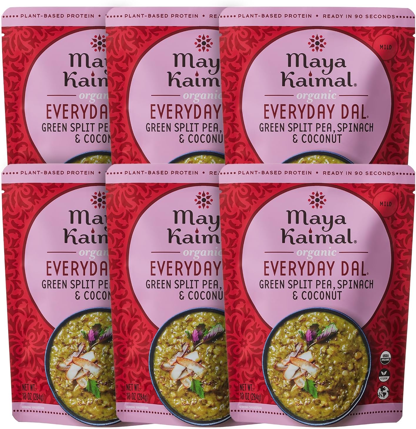 Maya Kaimal - Organic Indian Everyday Dal - Fully Cooked Ready to Eat Meal - Vegan - Microwavable (10 Ounce (Pack of 6), Green Split Pea, Spinach & Coconut)