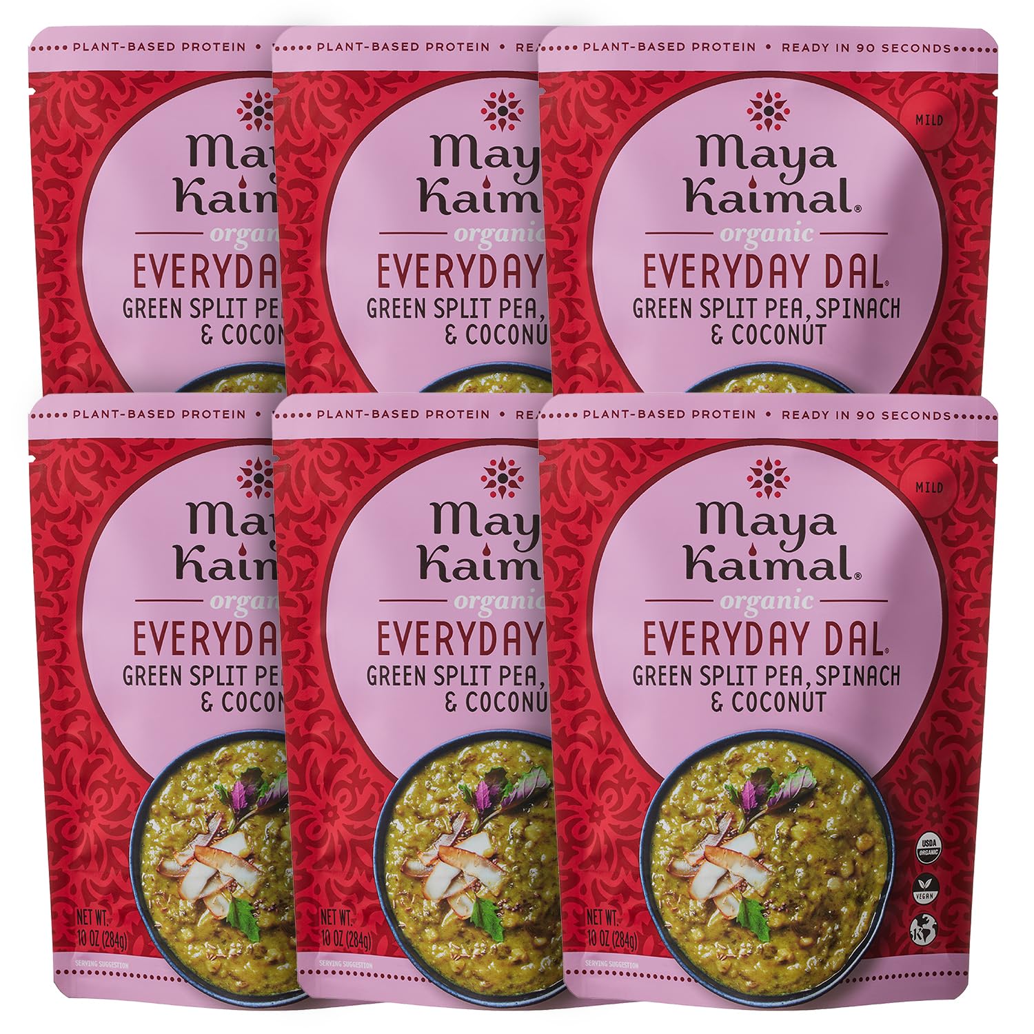 Maya Kaimal Organic Indian Green Split Pea Everyday Dal, Fully Cooked with Spinach and Coconut. Vegan, Microwavable, Ready to Eat 6 Count , 10 oz (Pack of 6)