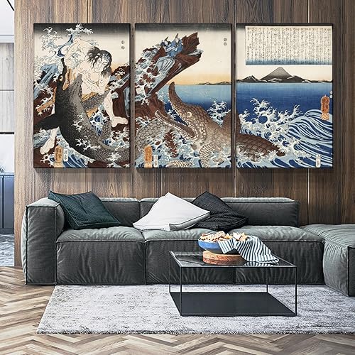 Miniatura 2 de Dimpoli Lienzo de pintura japonesa para decoración de pared, 3 piezas, 32 x 48 pulgadas, Katsushika Hokusai, paisaje general, Kamakura y cocodrilo,