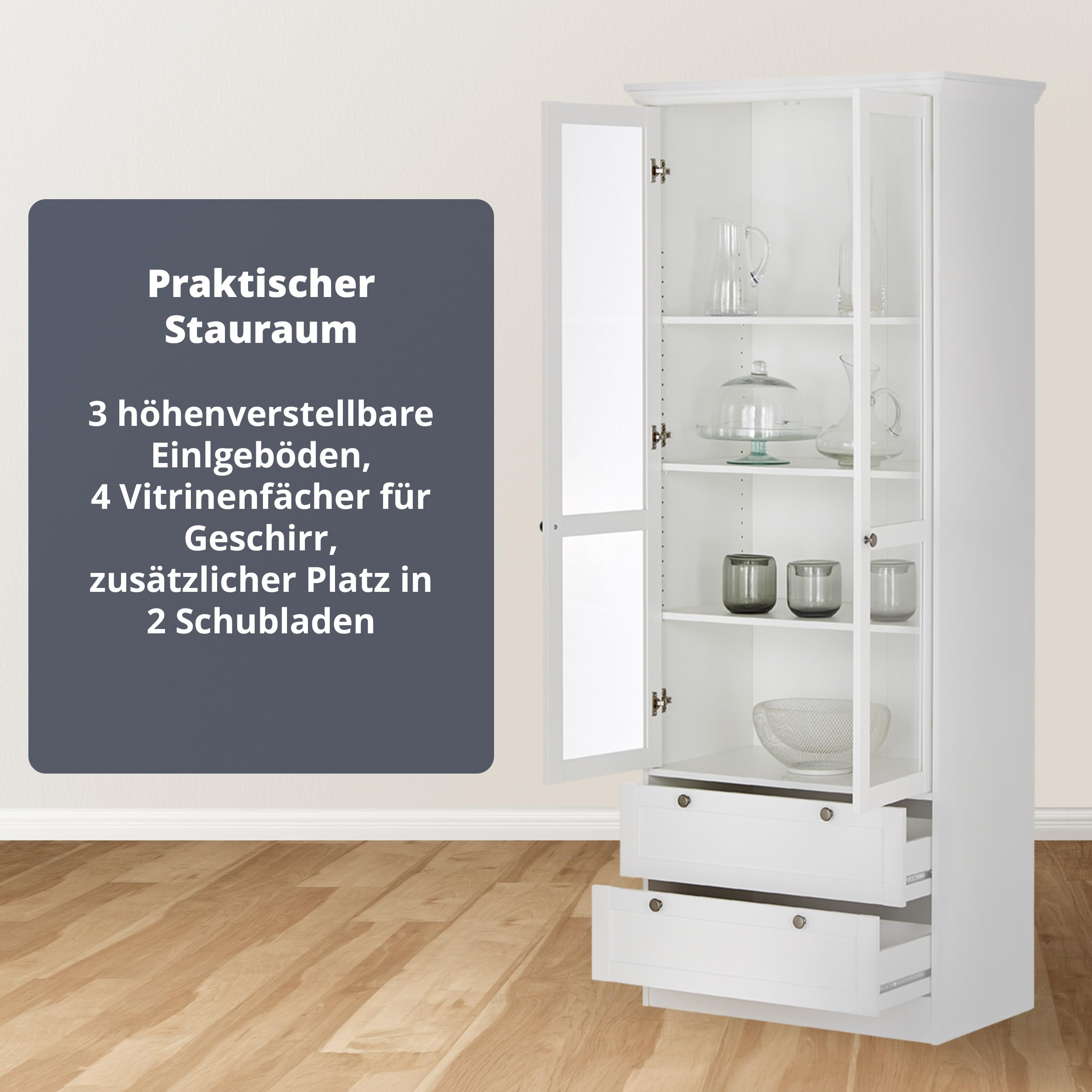 KHG Vitrine weiß 2 Drehtüren mit Glaseinsatz 2 Schubkästen 3 höhenverstellbare Einlegeböden Holzwerkstoff beschichtet Landhaus Stil