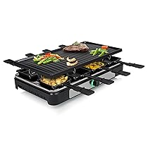 Tristar Raclette – 8 persone – Superficie di cottura 42 x 23 cm – Termostato regolabile con anello illuminato – 1400 W – Nero – RA-2746