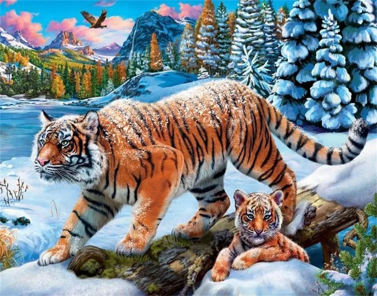 Dipingere con i Numeri Adulti,Tigri invernali Pittura di Numeri a Olio Fai da Te kit di pittura acrilica per adulti Bambini,Con Pennelli e Colori Acrilici per casa Decora Regalo con Telaio,60x75cm