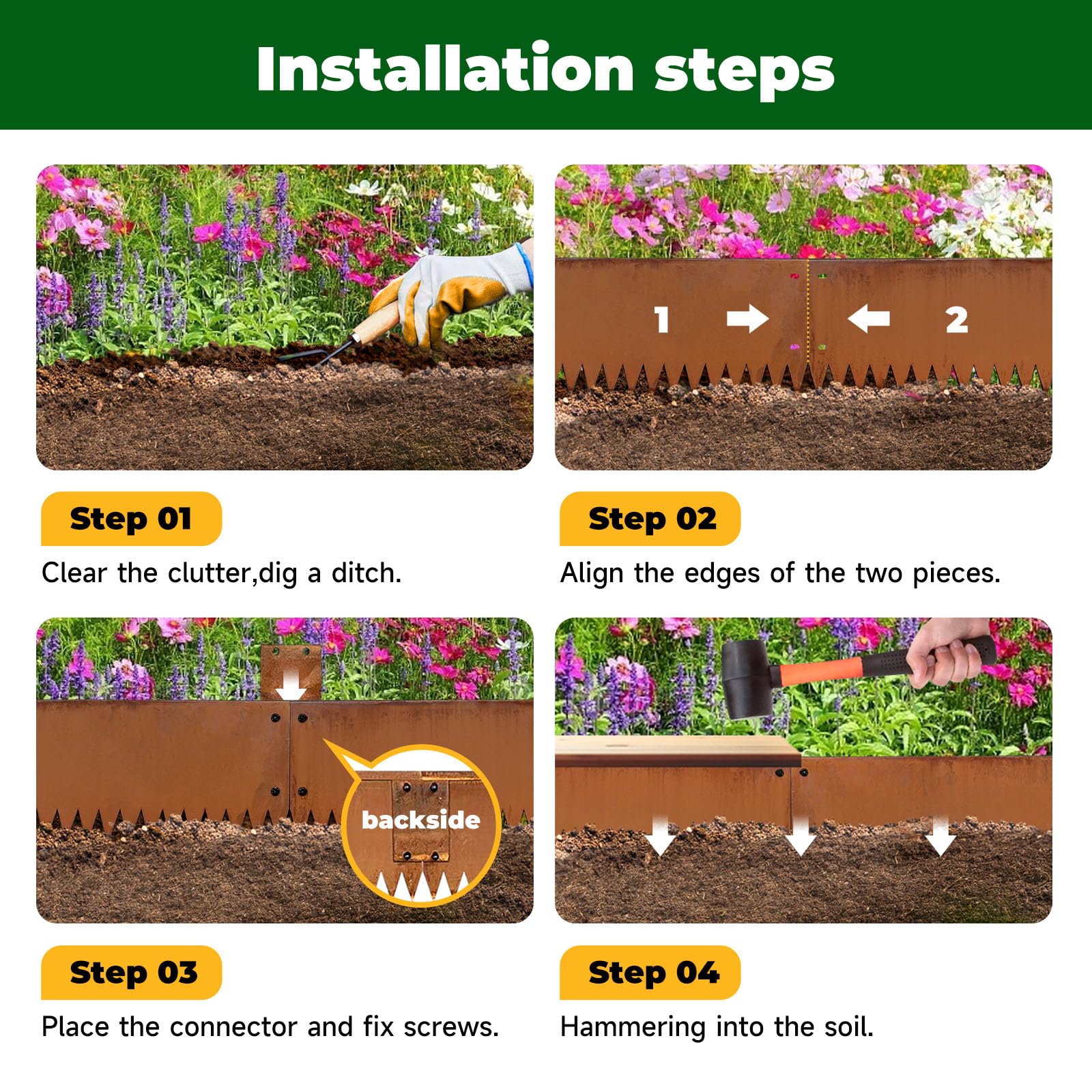 Bordura da giardino in acciaio Corten da 101,6 cm, con protezione superiore di piegatura, in acciaio corten pre-arrugginito, confezione da 6 bordi per prato (curva da 20,3 a 180 gradi, arrugginita)