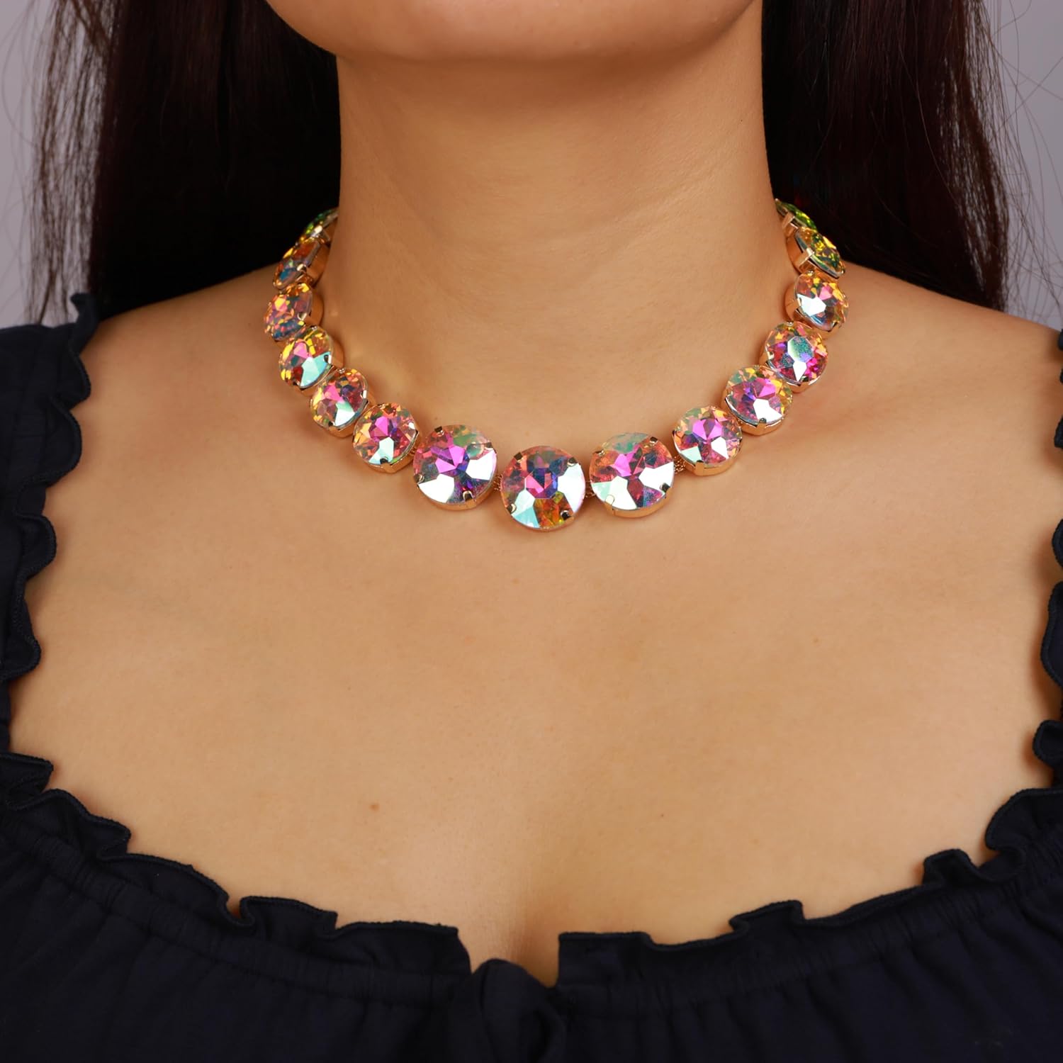 YERTTER Sparkle Full Rhinestone Choker Round Crystal Chain Necklace Earrings Set Crystal Statement Collar Clavicle Choker Necklace for Wedding Women - Image 3